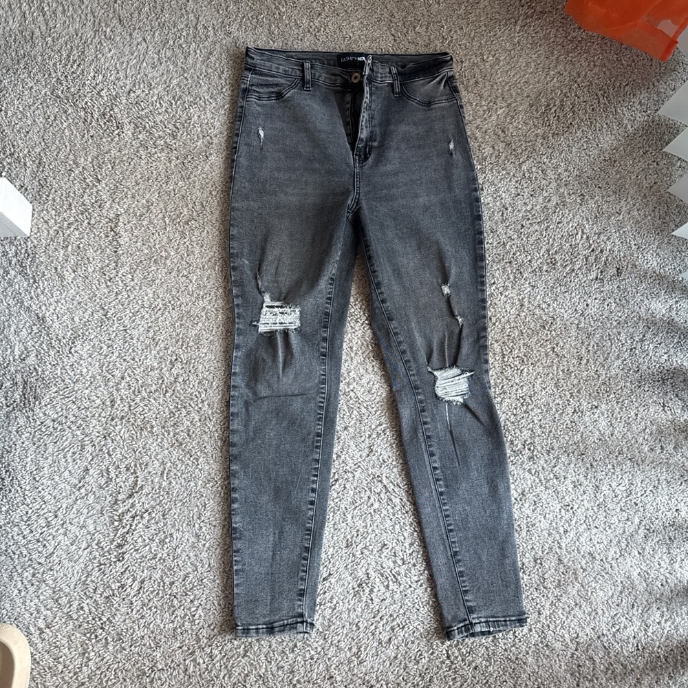 Fashion Nova Black/Gray Distressed Skinny Jeans